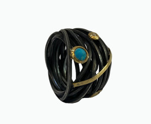 Oxidized Silver Ring with Turqoise, Gold, and Diamond