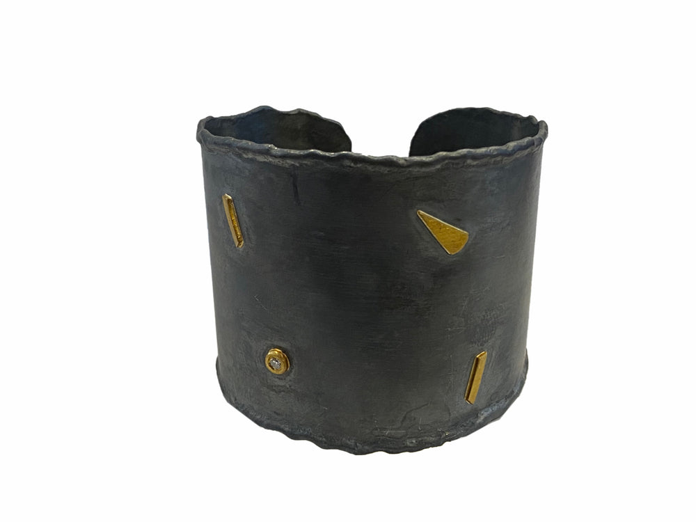 
            
                Load image into Gallery viewer, Oxidized Silver Cuff with Gold Shapes and Diamond
            
        