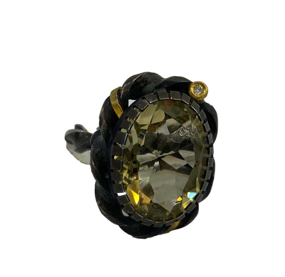 Oxidized Silver RIng with Topaz Stone, Diamond and Gold