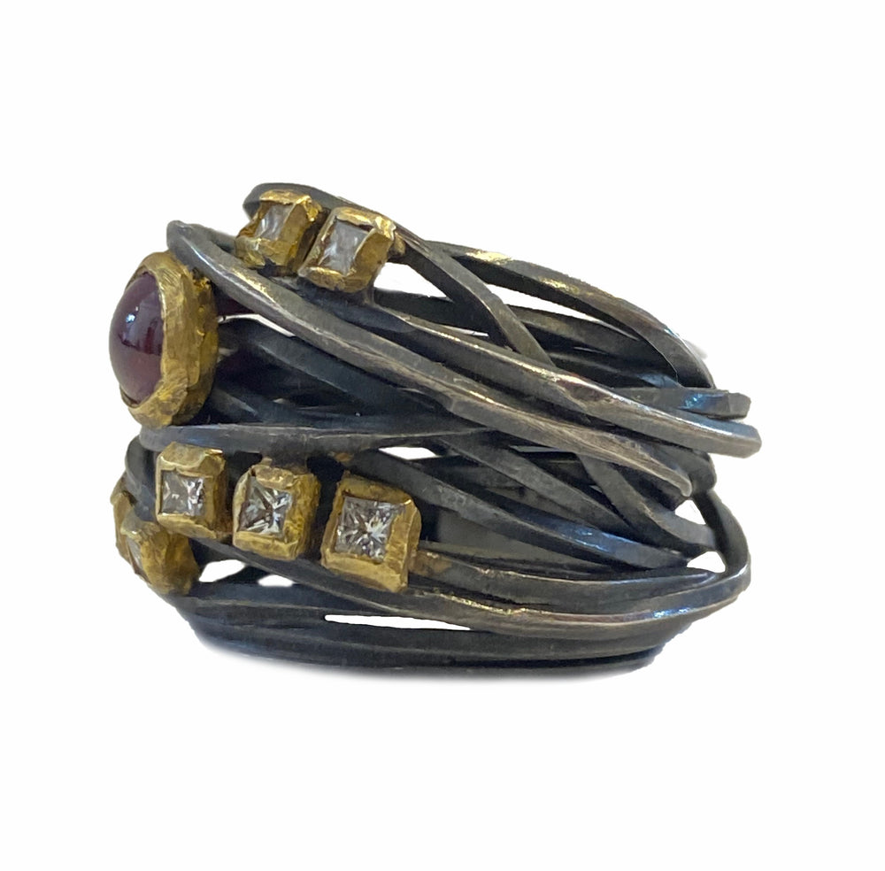
            
                Load image into Gallery viewer, Oxidized silver wire ring with diamonds gold and ruby
            
        