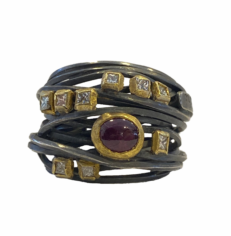 
            
                Load image into Gallery viewer, Oxidized silver wire ring with diamonds gold and ruby
            
        